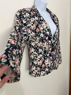 Anany Floral Print Blazer Jacket - Navy with Pink & Cream Flowers
